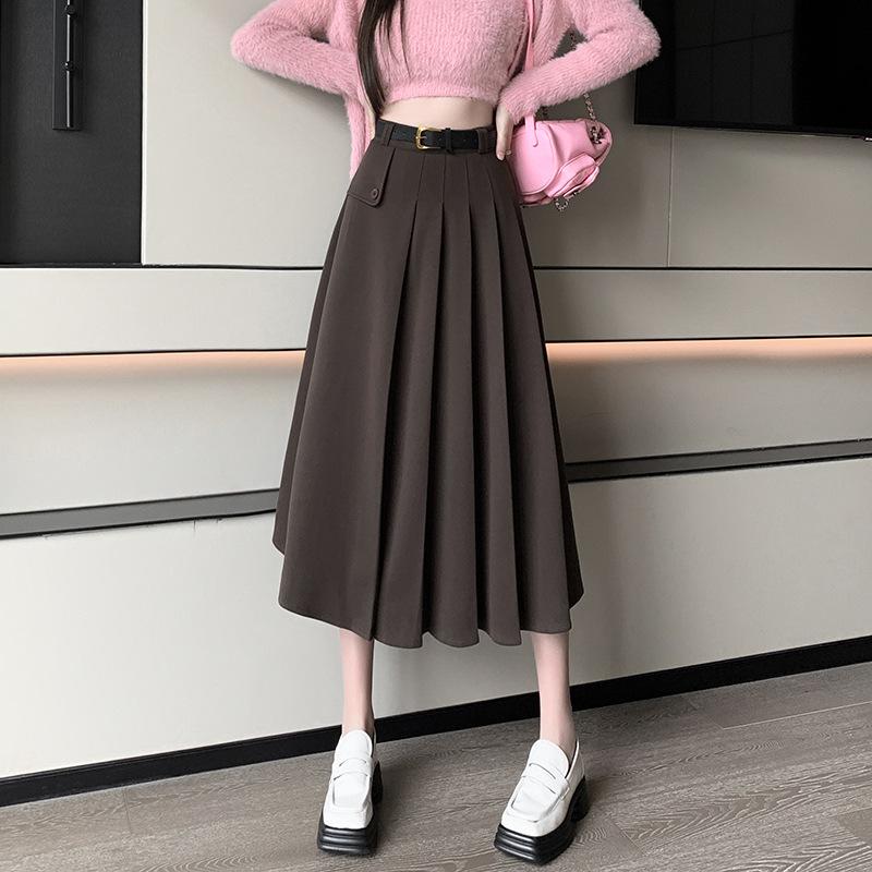 Winter Woolen Pleated Skirt for Women Elegant Fashion High Waist A-line Midi Black Skirts Office Ladies