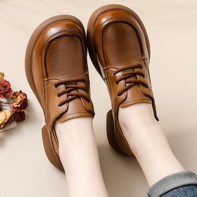 Scarpe da Donna in Pelle Primavera e Autunno Versatili Tacco Medio Suola Spessa Tacco Grosso Scarpe a Punta Rotonda Scarpe Casual Retrò