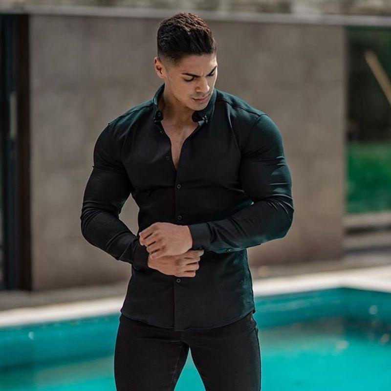 Muscle Men s Long-Sleeved Slim Fit Shirt Business Shirt Black XXXL