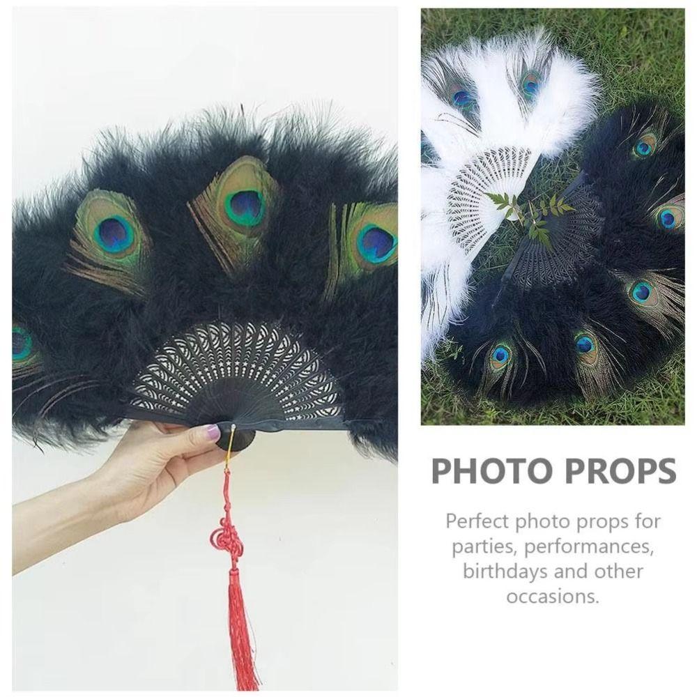 With Tassel Folding Hand Fan Handheld Feather Dance Fan Peacock Feather Fan  Live Performance