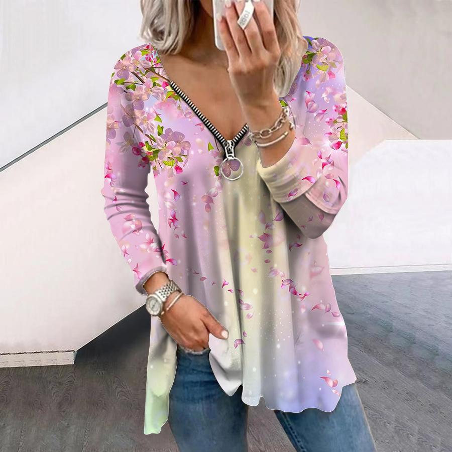 

Женские осенние цветочные красивые футболки с длинным рукавом с цветочным принтом свободные футболки с V-образным вырезом больших размеров футболка топы удобная блузка