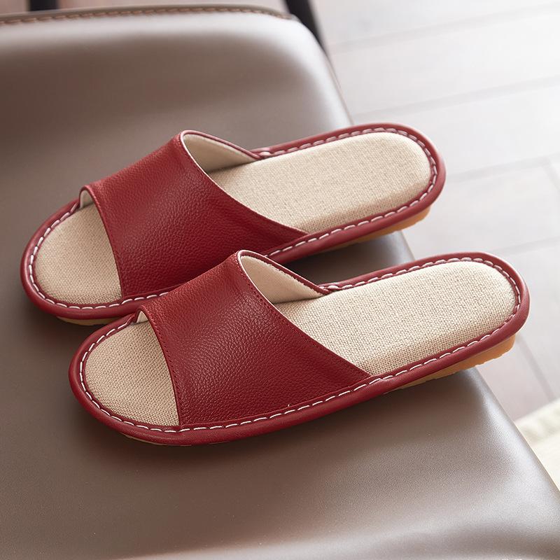 Leather slippers first layer cowhide indoor home beef tendon bottom non-slip genuine leather linen slippers women's high sense of home