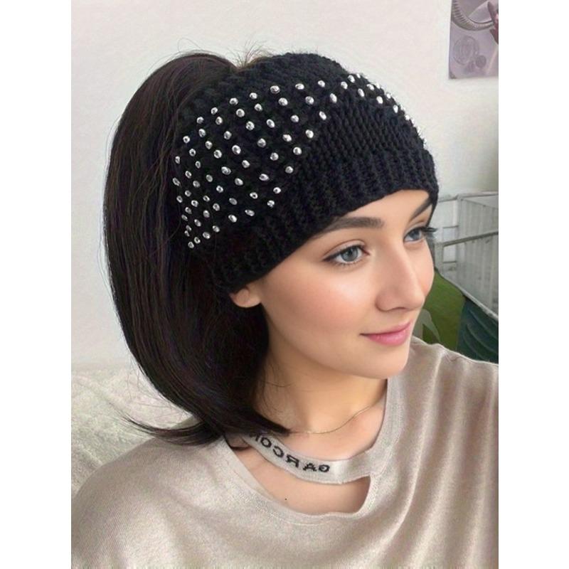 Meier Women s fall/winter knit beanie, headband hat, turban hat, open top hat - handmade with rhinestone embellishments чёрный