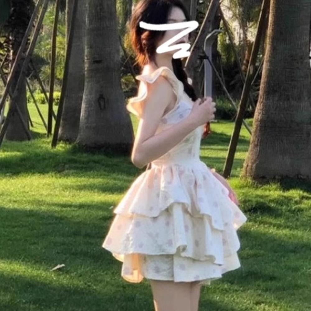 

Gorgeous French Sweet & Spicy Fly Sleeve Fairy Camisole Dress - Spring/Summer Waist-Cinched Puffy Skirt for Petites Small