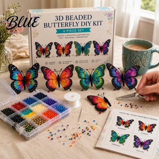 Creative DIY Hobby Kit 3D Beaded Butterfly Craft Kit Tiny Animal Handmade Art Set Weekend Activities with Instruction Cute 4-Pack Butterflies