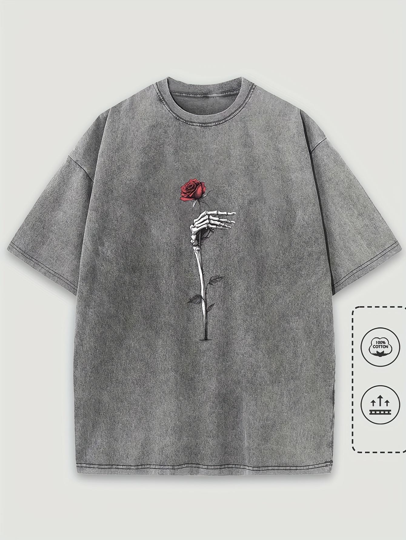 Streetwear MenS Casual Washed Crew Neck TShirt with Skeleton Hand Red Rose Print Cotton Short Sleeve Oversize S