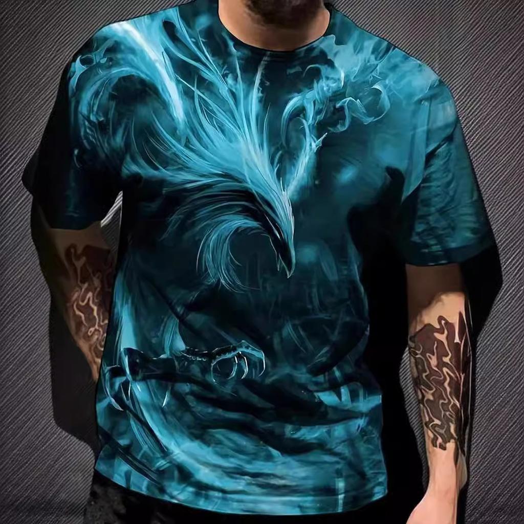Summer Round Neck Mythical Bird Graphic 3D Print Top Fashionable Casual Short Sleeved Men's T-shirts