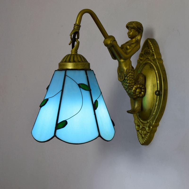 European Stained Glass Mermaid Wall Lamp Bedroom Bedside Lamp Retro Creative Dining Room Balcony Aisle Staircase Light