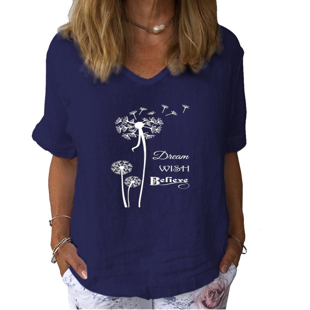 Women Fashion Cat Print Linen Shirt Summer Casual Round Neck Short Sleeve Top Print Pullover Loose Blouse