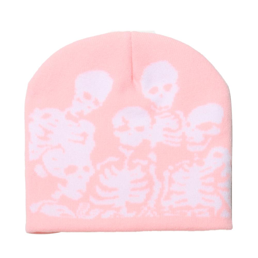 

Шапка-бини с черепом, шерстяная шапка, жаккардовая вязаная шапка с черепом призрака, шапка на Хэллоуин M（56-58cm） розовый