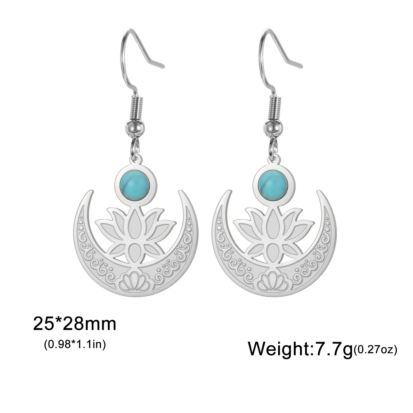 Teamer Buddhist Lotus Flower Dangle Earrings Crescent Moon Turquoise Stainless Steel Earrings for Women Vintage Jewelry Gift stainless steel