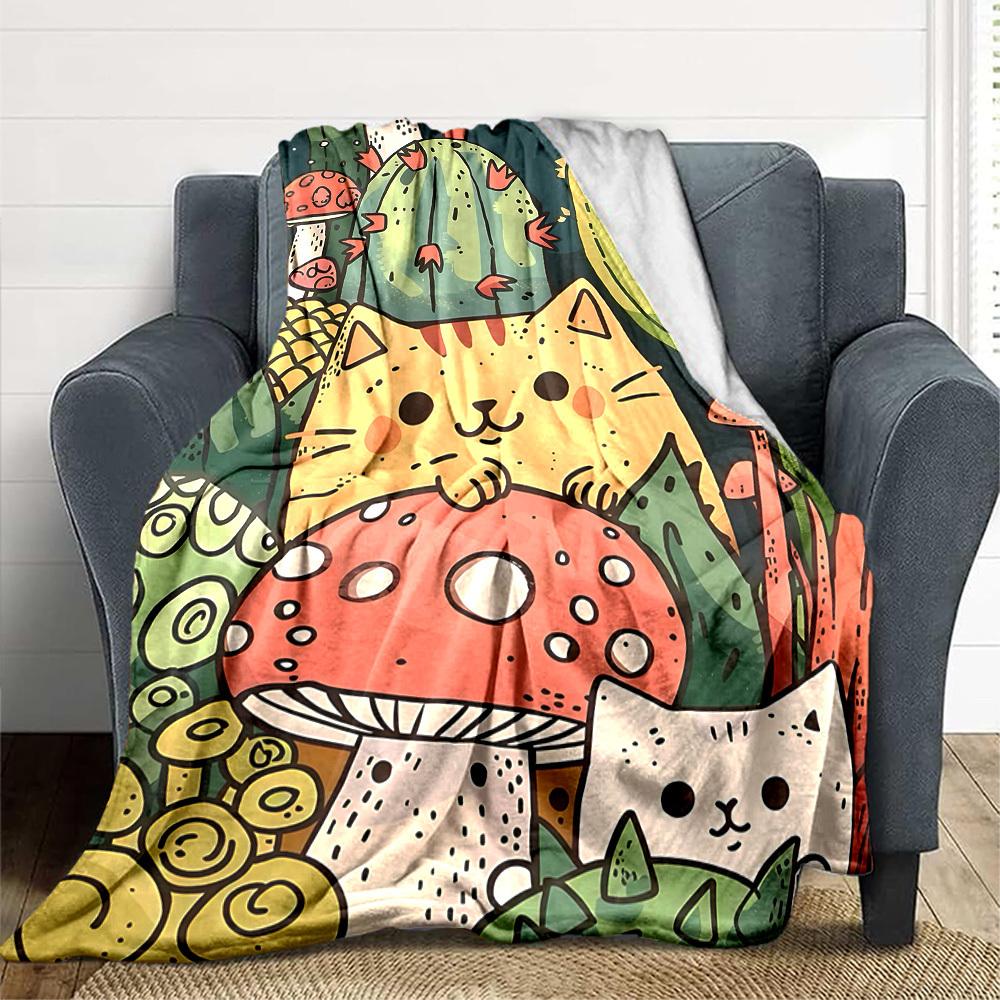 1pc Cactus Mushroom Cat Pattern Blanket, Lightweight Flannel Throw Blanket for Sofa, Bed, Travel, Camping, Living Room, Office, Couch025
