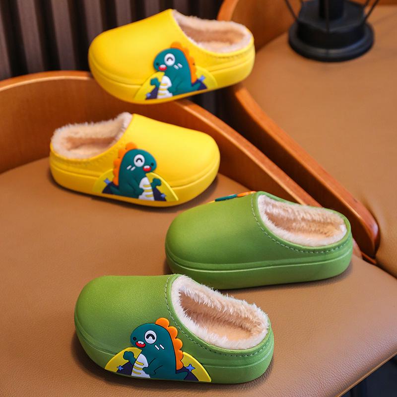 Rabbit & Dinosaur Kids' Cotton Slippers - Waterproof, Non-Slip, Thickened Cartoon Fur for Autumn & Winter. Suitable for Boys & Girls.