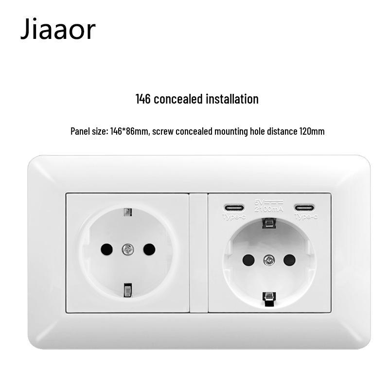 16A White German-Style Double Gang Wall Socket Panel with USB & Type C, European Standard.