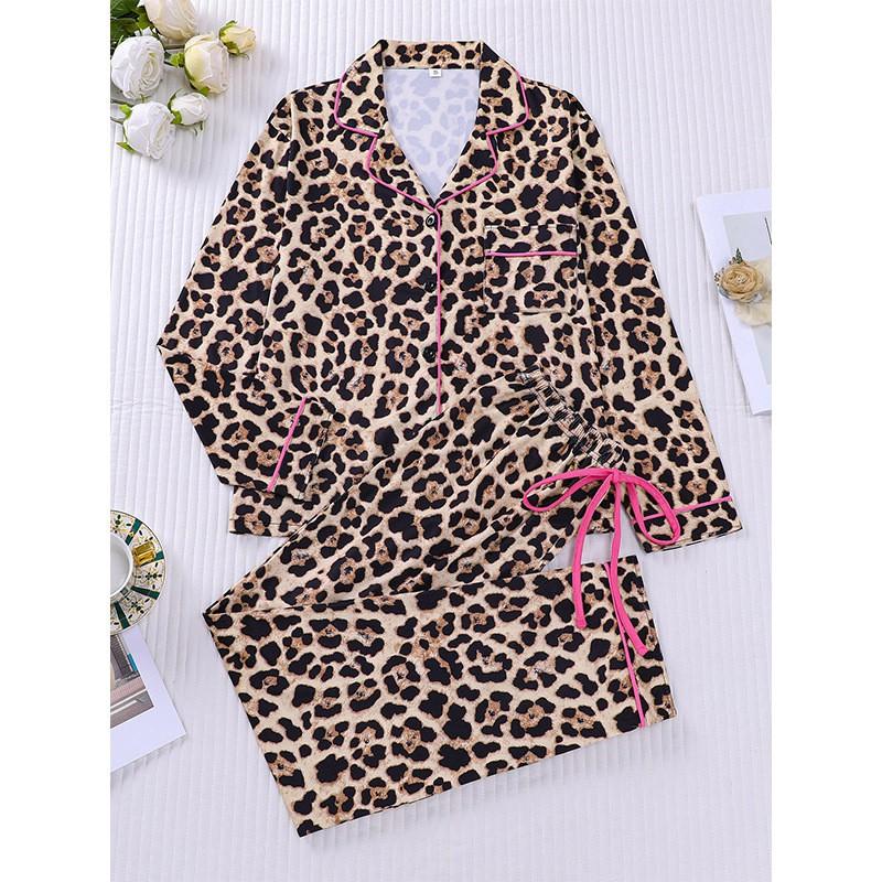 Womens Leopard Print Pajama Set Long Sleeve Thin Comfortable Sleepwear Fall Home Hotel