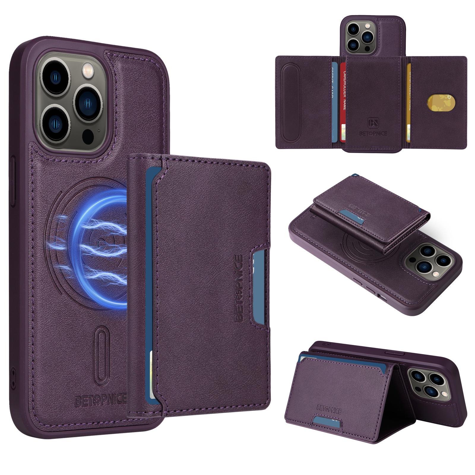 

For iPhone 13 Pro 6.1 inch Magnetic Case BETOPNICE Leather Phone Cover Kickstand with Detachable Card Bag Purple