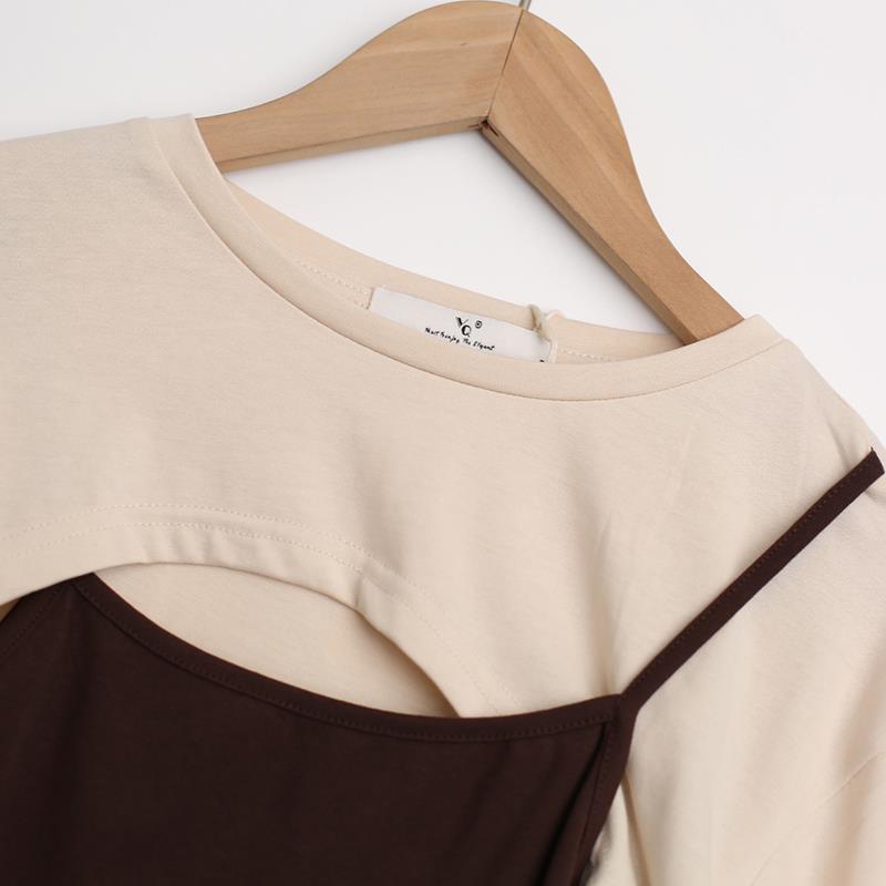 Fake Two-piece Suspender Long Sleeved T-shirt Top Women's Pure Desire Short Top Hottie Streetwear New Fashion Spring and Summer