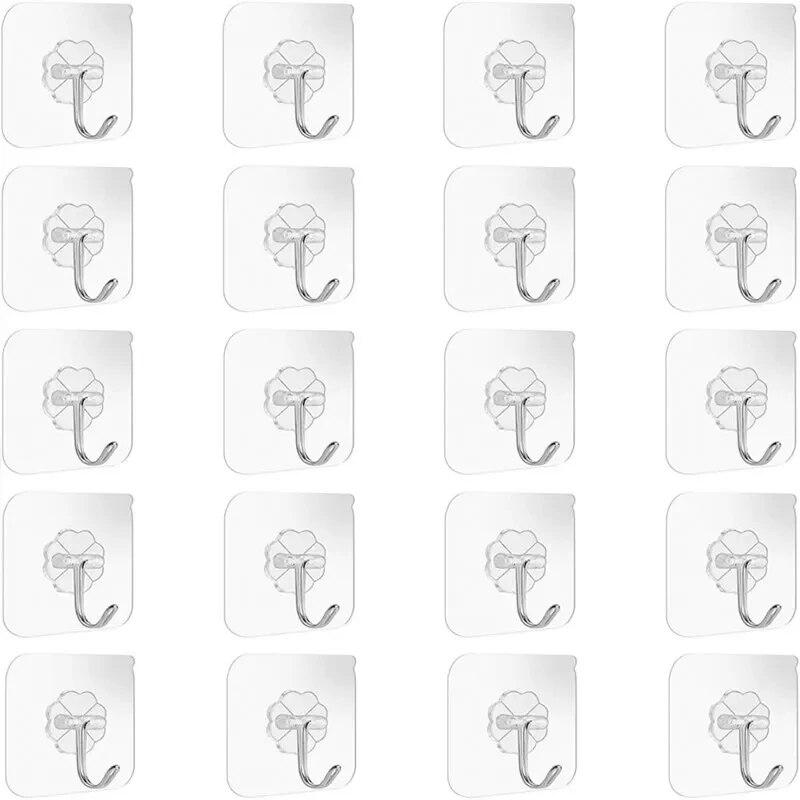 20 ks průhledných neděrovacích háčků se silným lepidlem, bez známek poškození, koupelnové, obývací pokoj, nástěnné, zavěšení na dveře, samolepicí háčky