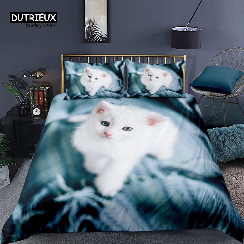 Colorful Cat Bedding Set For Kids Girls Boys 2/3pcs Cute Cat Duvet Cover Set King Microfiber Animal Comforter Cover Pillowcases