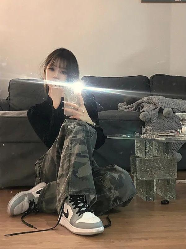 Hong Kong Style Women's High Waist Camouflage Denim Jeans - Retro Loose Wide Leg Casual Pants