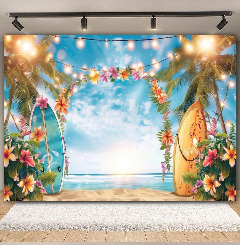 Hawaiian Summer Seaside Backdrop for Photography Tropical Beach Palm Tree Surfboard Baby Birthday Holiday Party Photo Background