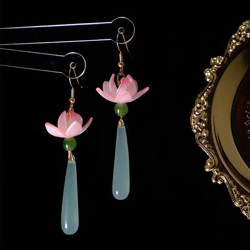 New Chinese Lotus Water Drop Pendent Long Delicate Tassel Dangle National Luxury Earring for Women Jewelry Gift
