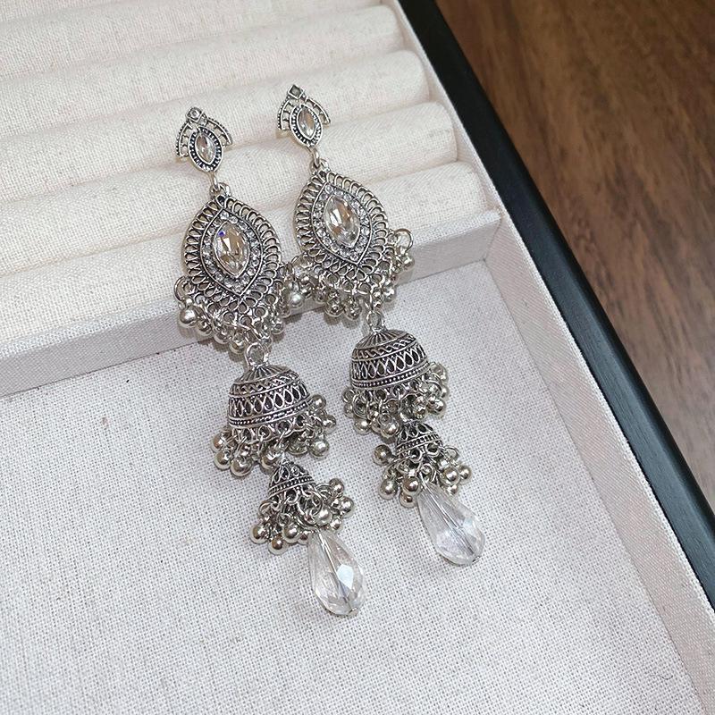 Silver Needle Diamond Crystal Tassel Rhombus Earrings: Luxurious Ethnic Retro Fashion Dangle Jewelry.