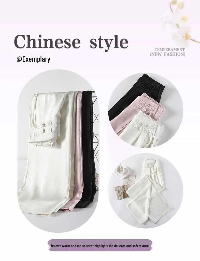 2026 Spring/Summer Chinese Style Satin Wide-Leg Frog Button Pants - Women's Slimming Straight-Leg, Floor-Length Business Trousers