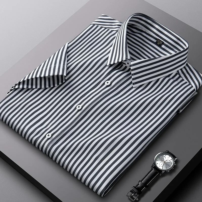 Summer Striped Short Sleeve Shirts for Men Thin Elatic Social Slim Fit Formal Shirt Business Class Fit Casual Easy-care Clothes