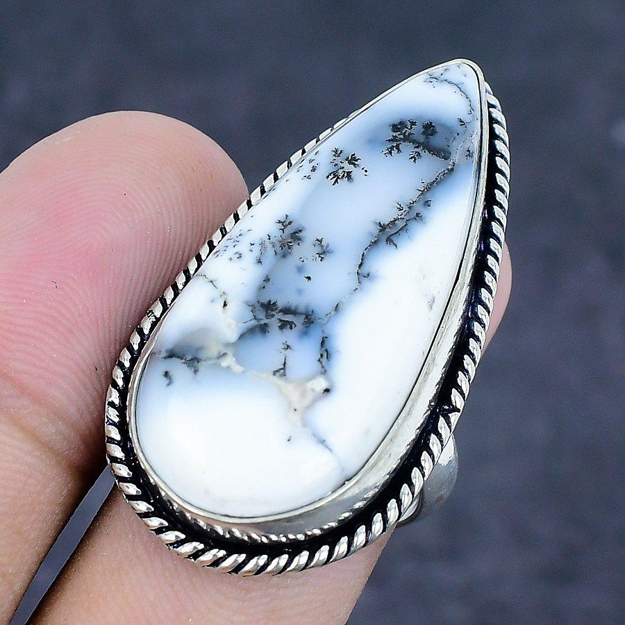 Gema Ópalo Dendrítico Joyería Plata de Ley 925 Anillo Talla 8