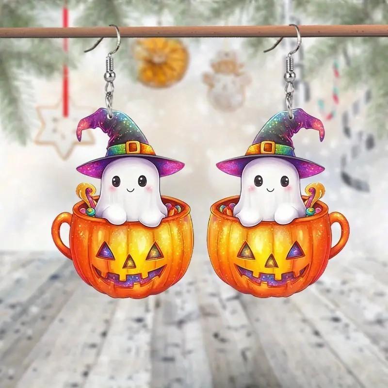 Ghost Halloween Themed Pumpkin Pot Pattern Women Acrylic Earrings Festival For