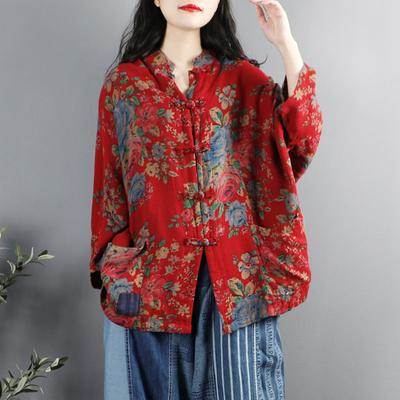 Spring Traditional Ethnic Style Floral Printed Cotton Linen Three Quarter Sleeves Shirt Autumn Women Chinese Style Retro Stand Collar Casual Loose