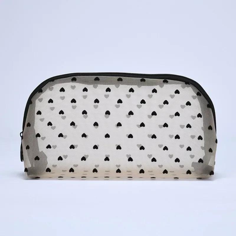 Women Cosmetic Pouch Toilet Storage Bag Ladies Toiletry Lipstick Key Coin Organizer Bags Purse Heart Transparent Mesh Makeup Bag