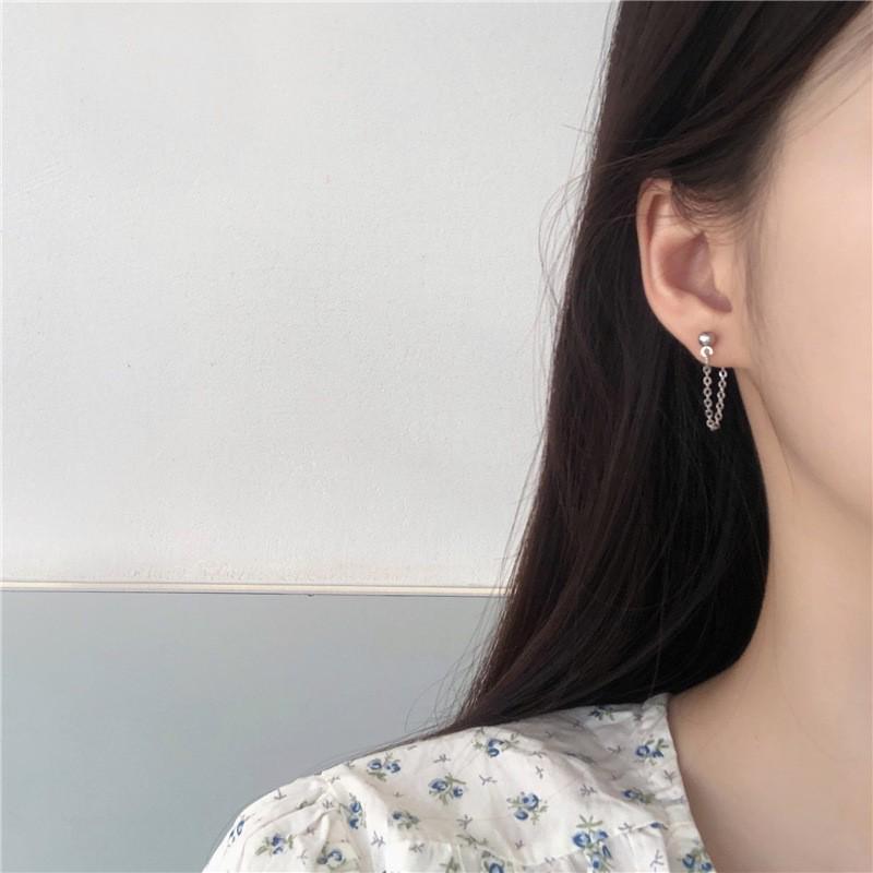 Stainless Steel Chain Tassel Earrings: Light Luxury Bean and Round Ball Studs, Versatile and Exquisite Ear Jewelry