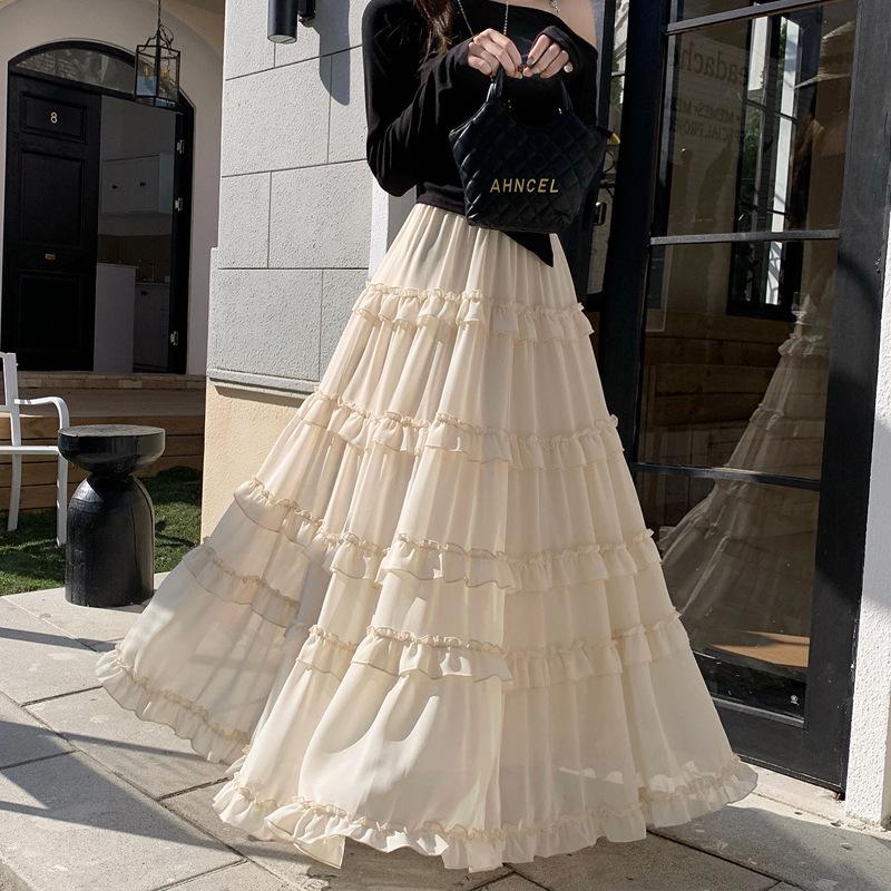 Women's French Ruffled Chiffon A-Line Dress - Slimming High Waist Fairy Skirt for Spring 2026