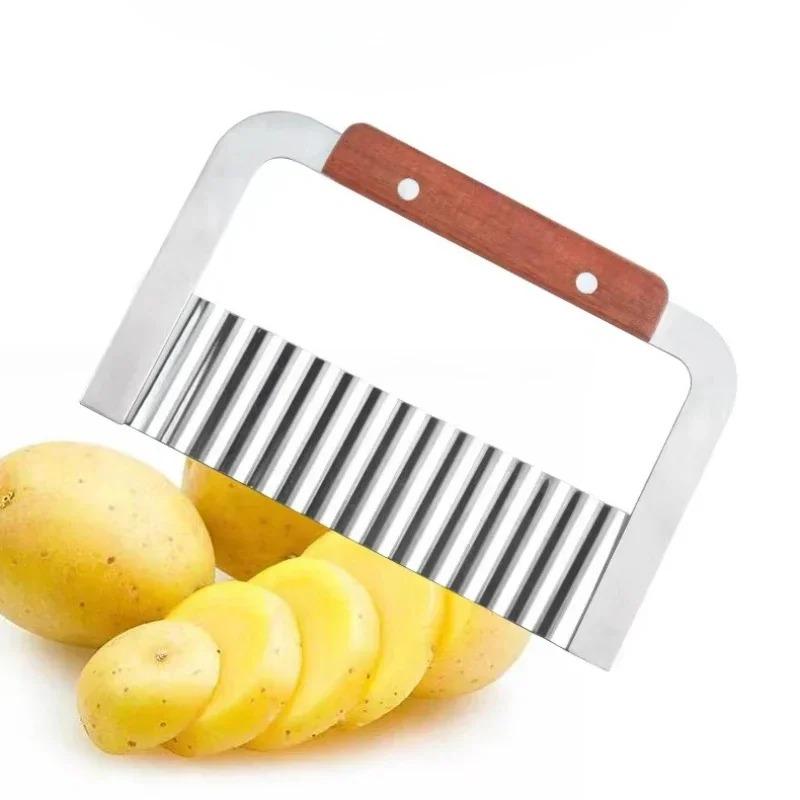 Stainless Steel Wave with Wooden Handle Wolf Teeth Potato Slicer For Potato Chip Cutting Kitchen Chopper Tool Accessories