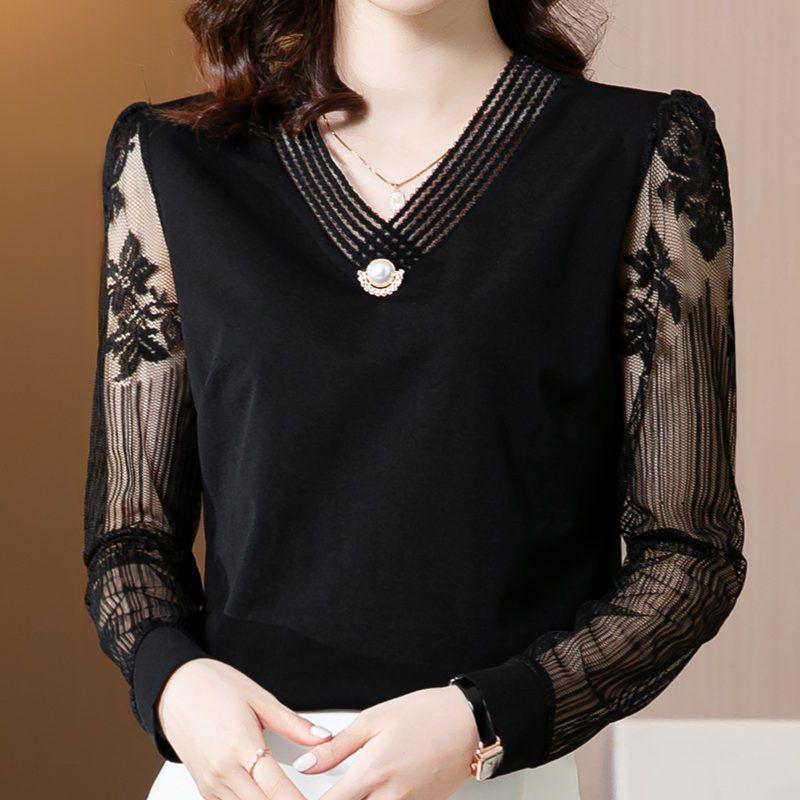 Women's Tops Large Size Ladies V Neck Beaded Shirt Lace Crochet Splicing Mesh Long Sleeve