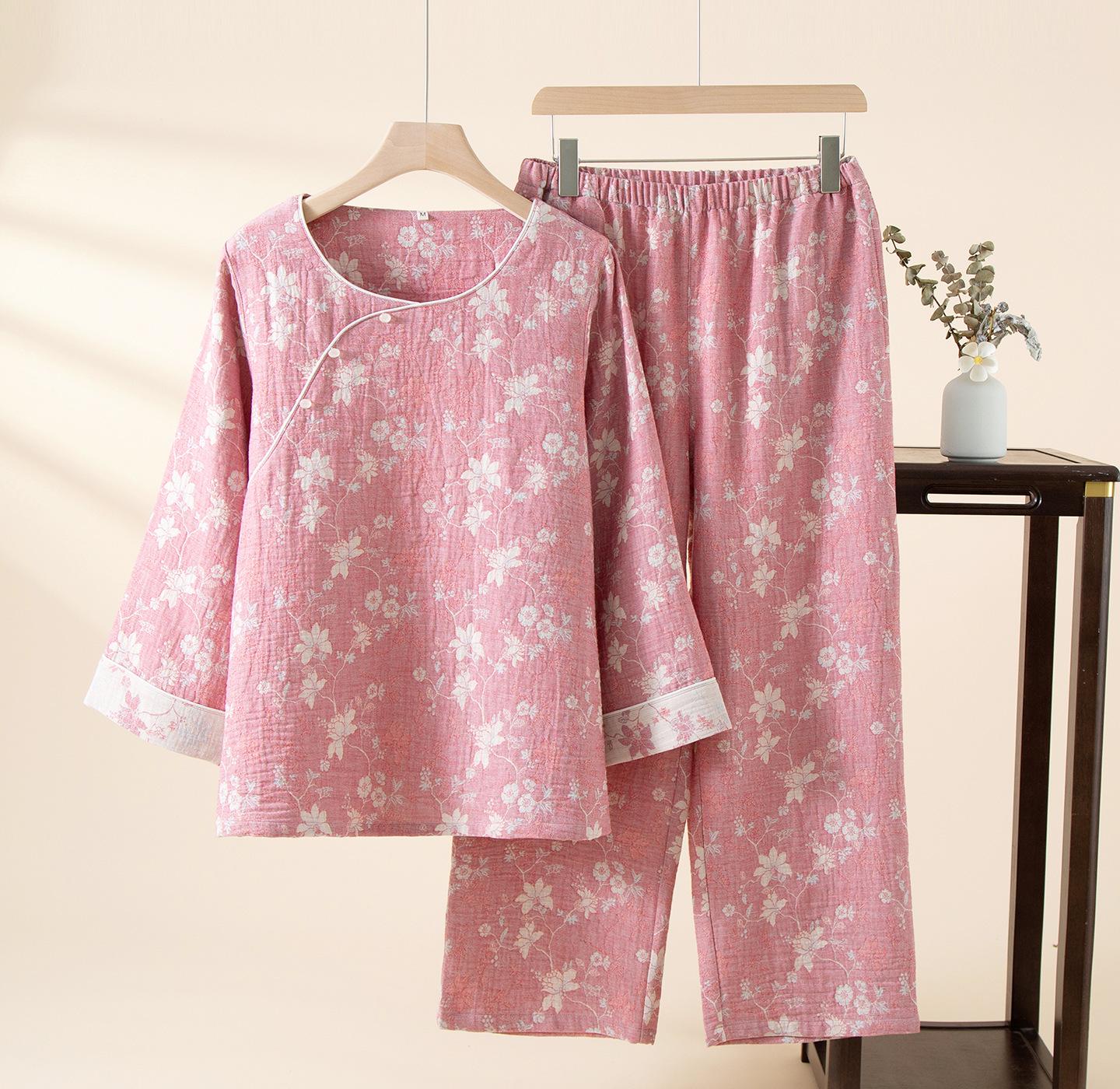 Женский весенне-летний комплект пижамы из хлопково-льняного жаккарда красного цвета со знаком зодиака - с длинным рукавом и брюками M