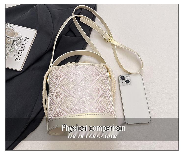 Zhuang Brocade Women's DIY Retro Bucket Crossbody Bag with Drawstring
