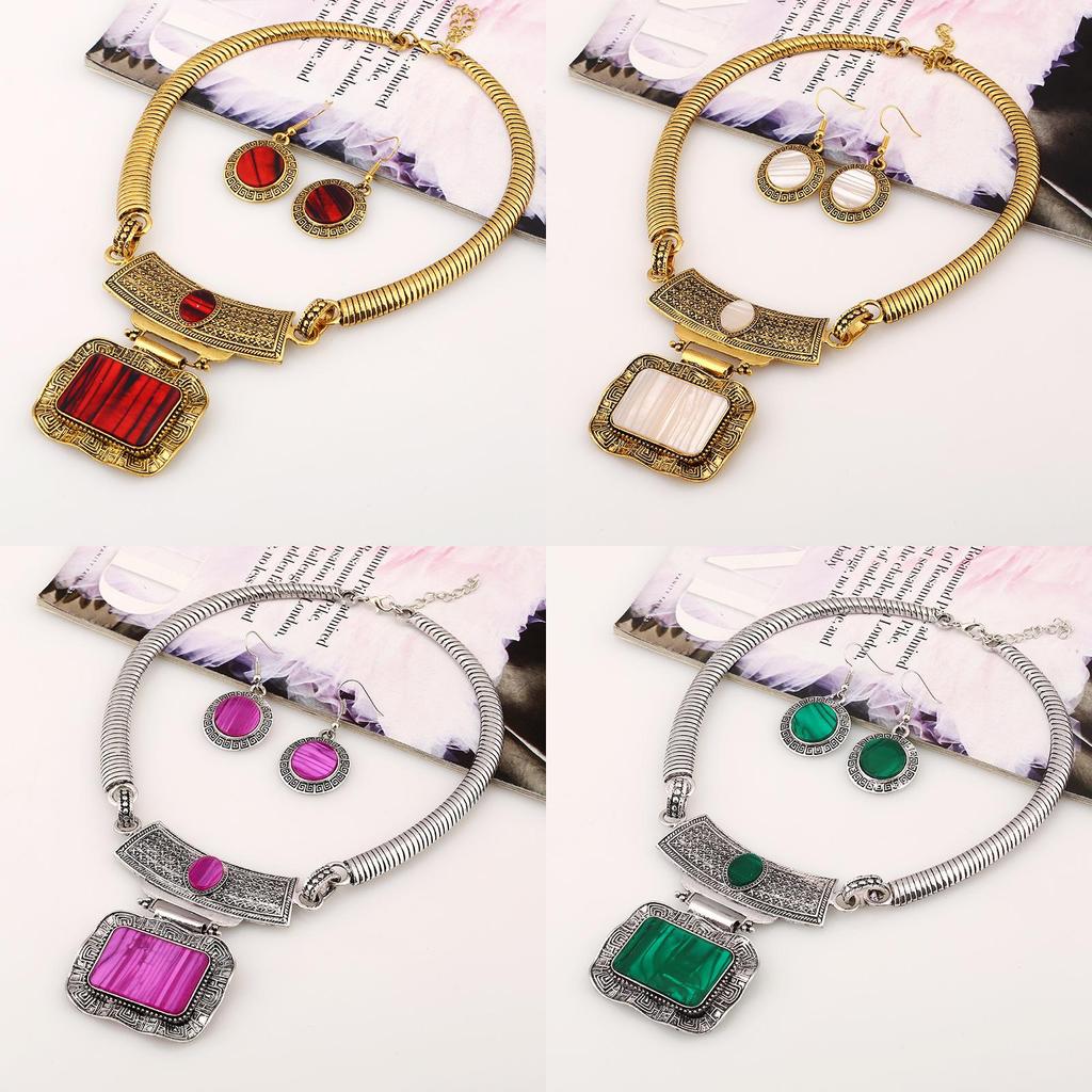 Geometric Alloy Necklace Earrings With Vintage Finish For Boho Fashion And Daily Wear