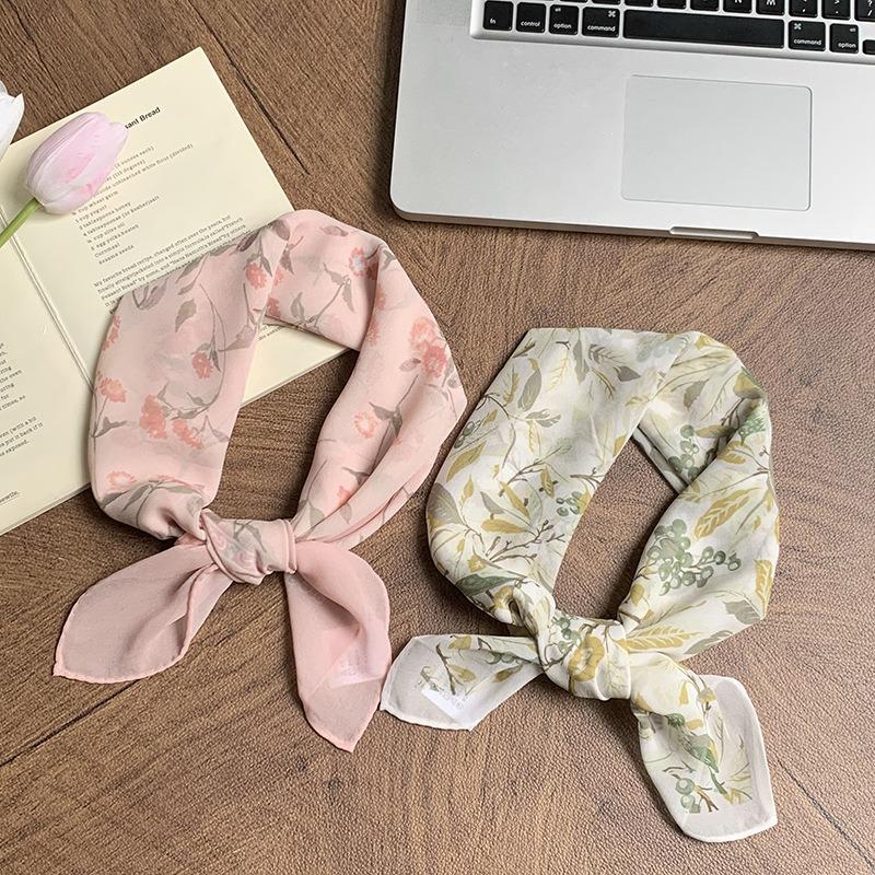 Georgette silk scarf neck small square scarf neck protection scarf fresh floral headscarf summer women's pastoral headband hair accessories