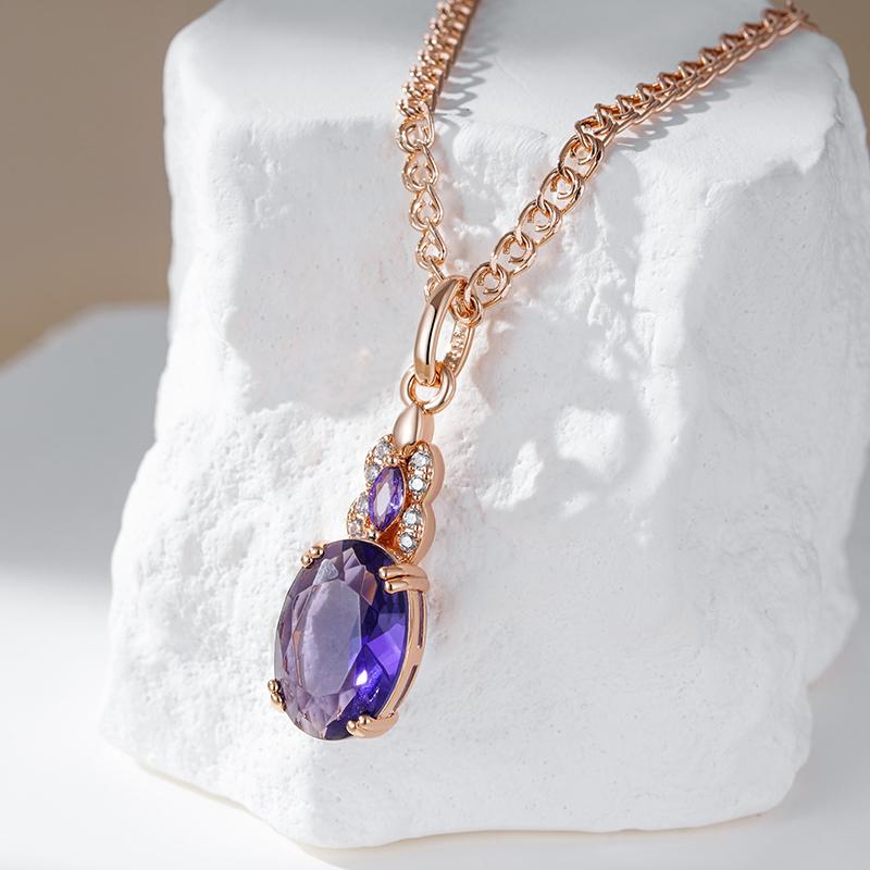 Sparkling Purple Oval Natural Zircon Pendant Necklace For Women Rose Gold Color Pendant Vintage Party Daily Jewelry