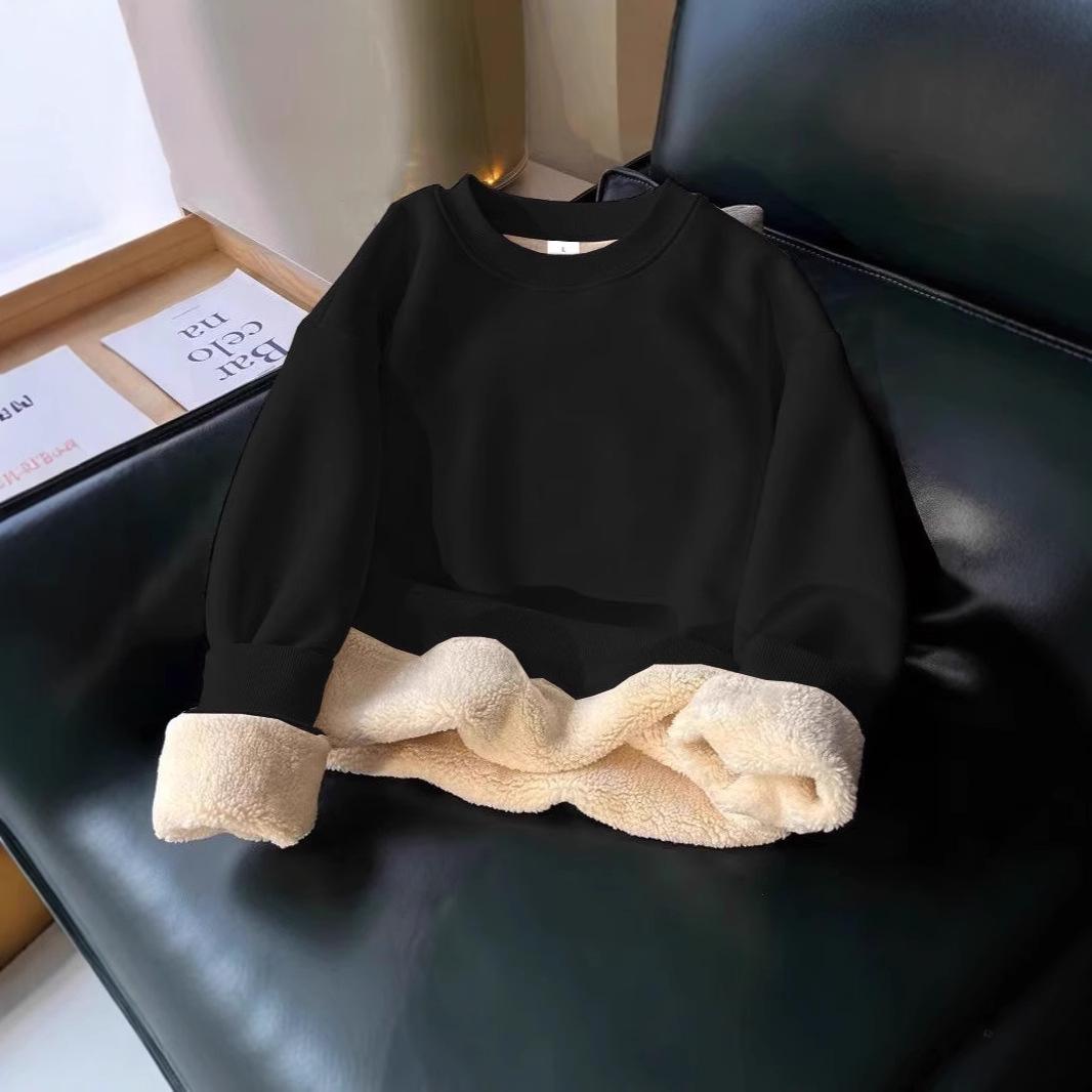 

Женский свитшот с флисовой подкладкой и круглым вырезом на осень/зиму - Маленький размер, Внутренняя часть из овечьей шерсти, Теплый и утолщенный топ XL чёрный