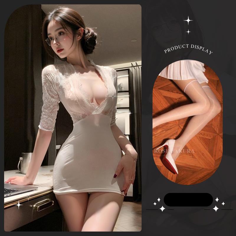Sex Underwear Skinny Hip Skirt Sexy Secretary Uniform Seduction Deep V Breast Lace Sex Clothing