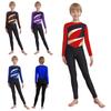 Boys Gymnastics Jumpsuit Color Block Design Metallic Mock Neck Long Sleeve Back Invisible Zipper Bodysuit