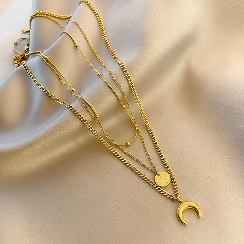 Stainless Steel Gold Color Moon Three Layer Long Necklaces For Women Chokers Fashion Gift New Gift Jewelry