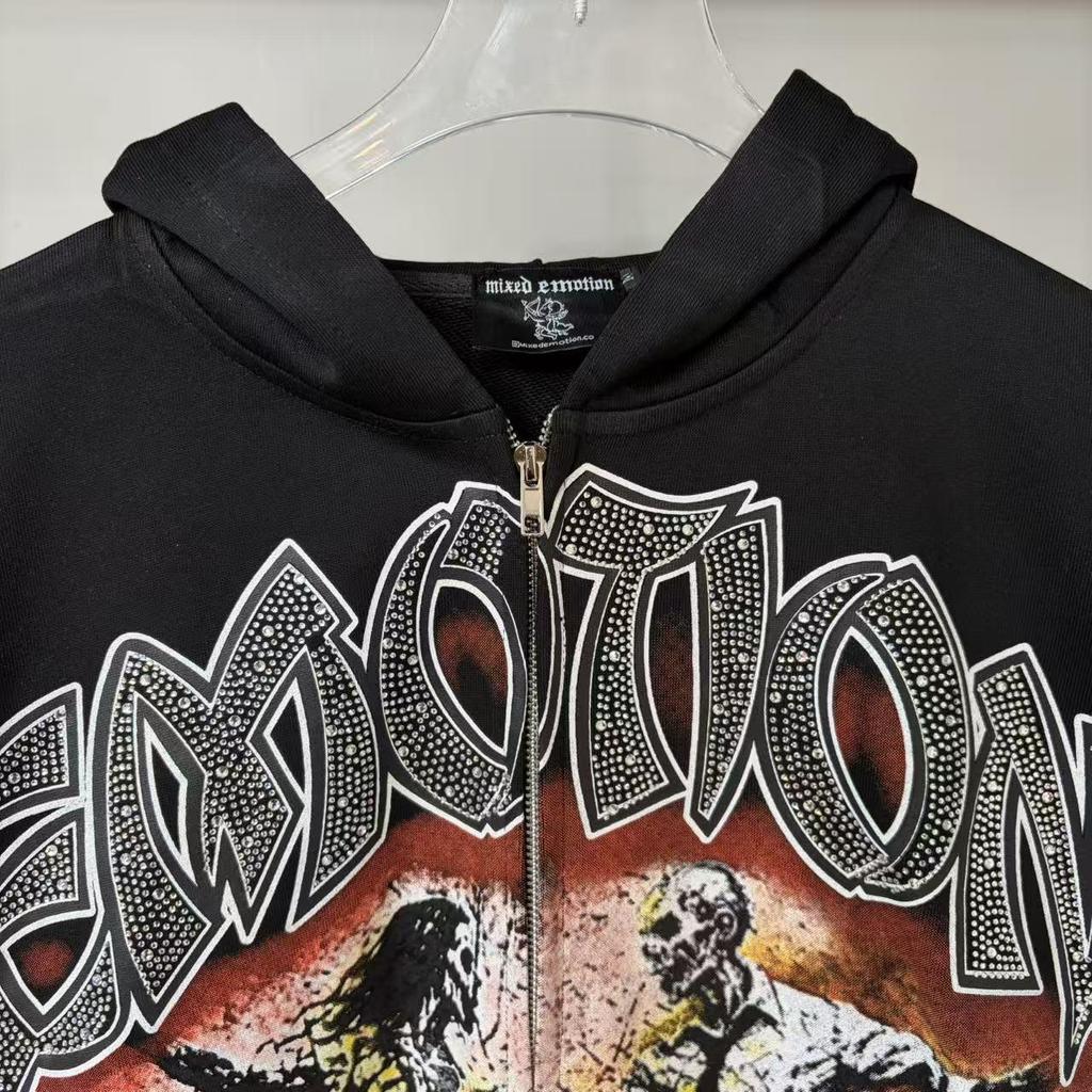American Trendy Mixed Emotion Rhinestone Letter Hoodie for Men and Women - Retro European Style for Autumn/Winter