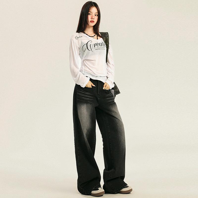 Autumn Winter Relaxed Straight Floor Drape Wide Leg Vintage Denim Pants Women Casual Pants Oversize Denim Trousers