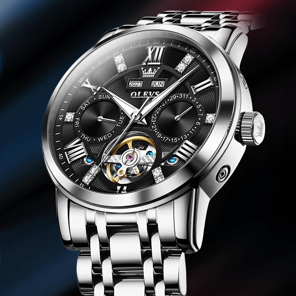 OLEVS Mechanical Automatic Manual Perpetual Calendar Skeleton Metal Band Retro Stylish Watch Luminous Waterproof watch for men Black Men's & Men's