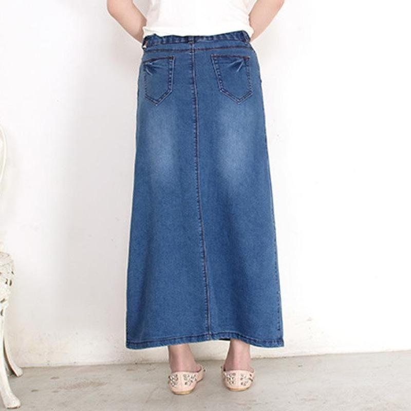 Elastische hoge taille jeansrok voor vrouwen, patchwork A-lijn denim lange rok met zak, casual mode, katoen, zacht, comfortabel, werkjeansrok